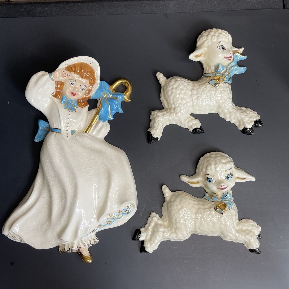 Vtg Nursery Rhyme Little Bo Peep With Her Sheep Ceramic Wall Plaque Hand Painted